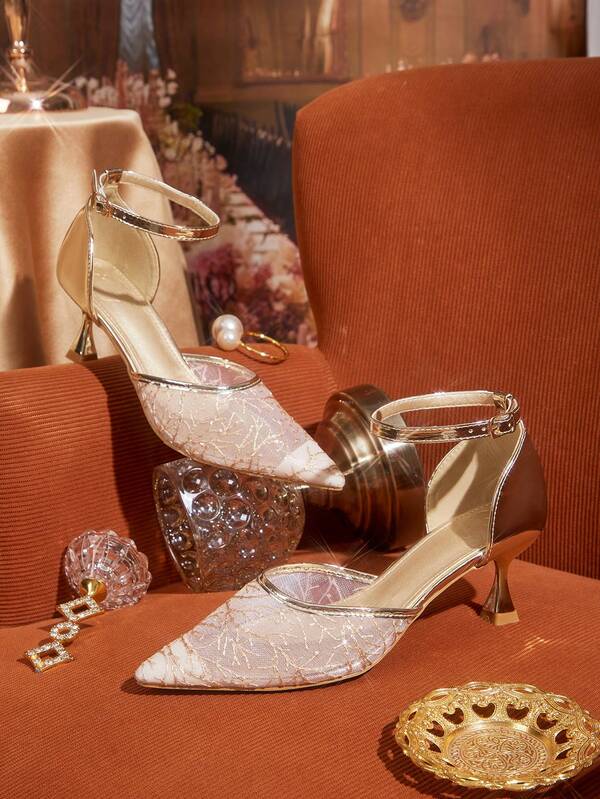 CUCCOO TILAWA Women's Lace Hollow-Out Backless Design Buckle Strap Pointed Toe Gold Mule High Heel Shoes, Suitable For Party And Daily Wear, Photo Shoot