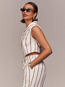 COSMINA 女士优雅无袖条纹套装两件套，适合通勤、办公、外出、春季聚会、婚礼等多种场合，金属纽扣翻领 - 彩色 - 查看 6