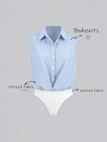 Olithes Blue & White Striped Sleeveless Bodysuit/Loose Casual/Commuter Bodysuit - Blue - View 1