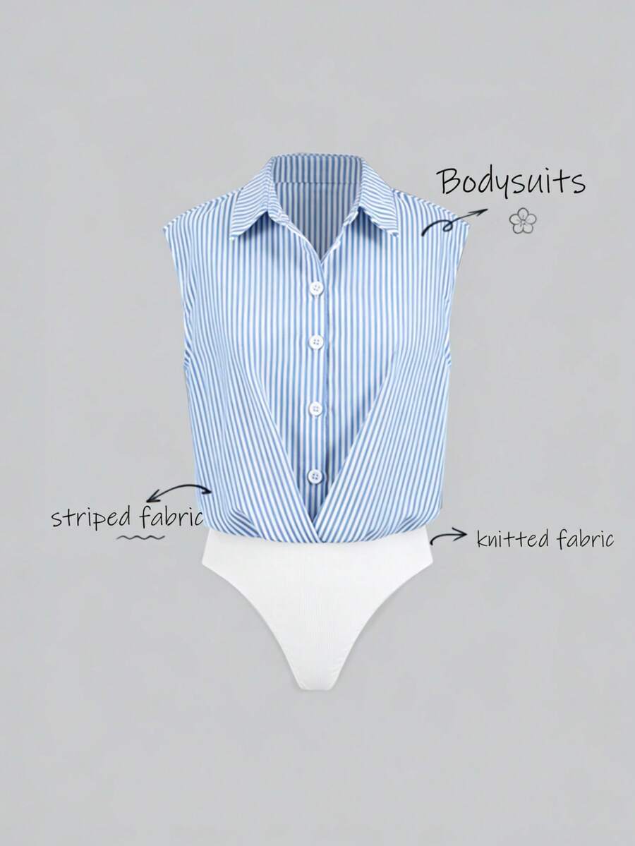 Olithes Blue & White Striped Sleeveless Bodysuit/Loose Casual/Commuter Bodysuit - Blue - View 1