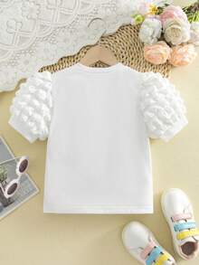 SHEIN 1pc Girls Cute Strawberry Bear & Popcorn Print Round Neck Short Sleeve Top - White - View 2