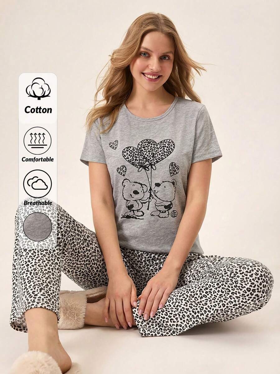 Loomlin 100%Cotton 2pcs/Set Women Cotton Animal Print Detail Homewear Pajama Set - Light Grey - View 1