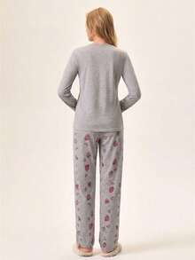 Loomlin 100% Cotton 2Pcs  Contrast Colour Heart Printed PJ Set - Grey - View 2