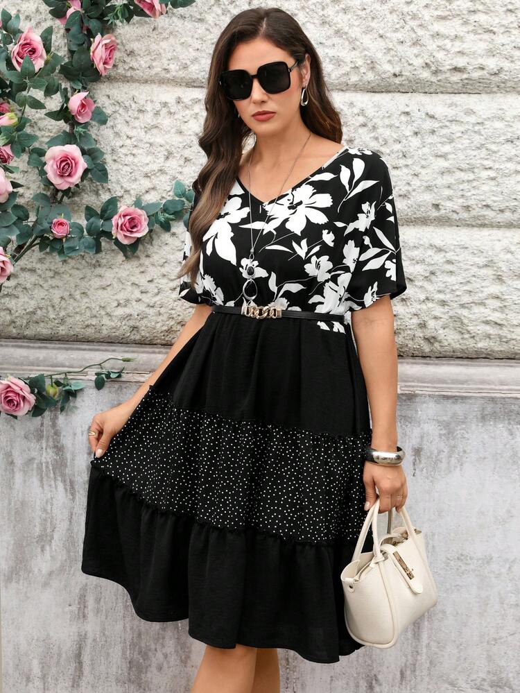 Plus Size Women Floral Print V-Neck Short Sleeve Patchwork Vacation Dress/Summer, Black And White Dress Plus Size Black And White Dress Summer Elegant Dress Black And White Dress Women