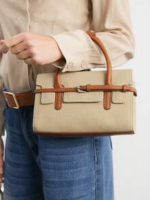 SHECARRY Ladies Handbag, Beige And Brown Patchwork Contrasting Colors, Exquisite Strap Decoration, A Must For Commuting. - Multicolor - View 4