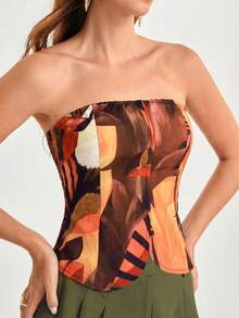 CAJUNI 女士休闲度假鹦鹉和海龟串珠印花抹胸上衣，日期 - 棕色 - 查看 3