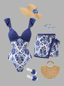 Swim Oasis Bộ đồ bơi nữ in hoa, váy xếp ly, kiểu dáng thường ngày, thích hợp cho kỳ nghỉ, gồm 2 mảnh, trang phục đi biển mùa xuân/hè/thu/đông, bộ đồ đi nghỉ mát cho nữ, trang phục dự tiệc bể bơi, trang phục câu lạc bộ bãi biển. - Xanh và trắng - Xem 2