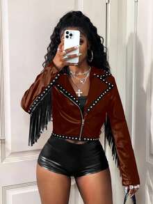 SHEIN BamGlam 时尚短袖流苏装饰朋克串珠PU流苏外套 - 棕色 - 查看 4