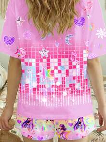 少女休闲卡通印花圆领短袖T恤短裤睡衣套装，适合夏季穿着 - 彩色 - 查看 4