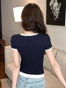 DAZY 女士夏季圆领拼接修身短袖休闲T恤 - 藏蓝色 - 查看 6