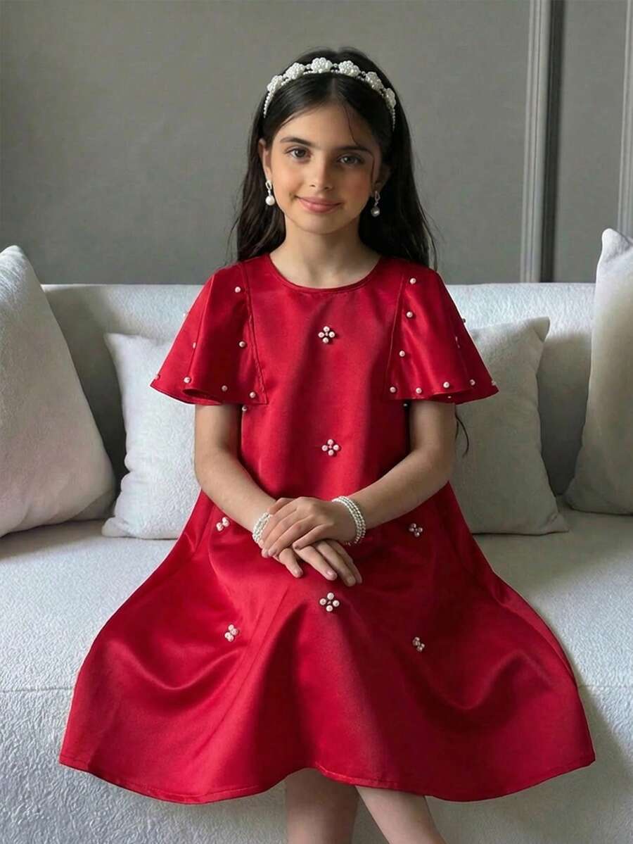SHEIN Tween Girls' Casual Short Sleeve Round Neck Dress - Red - View 1