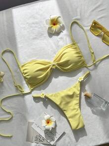 Swim Mod Women's Solid Color Floral Decor Spaghetti Strap Bikini Set, Spring/Summer - Yellow - View 3
