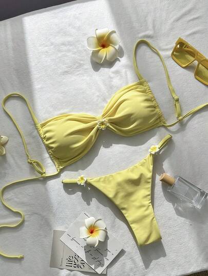 Swim Mod Women's Solid Color Floral Decor Spaghetti Strap Bikini Set, Spring/Summer