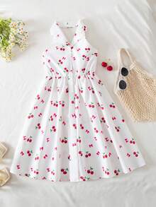 Girls' Cute Cherry Print Sleeveless Dress, Korean Style, Sweet Princess Vibe, Lightweight Fabric For Summer, Suitable For Daily Wear Or Outings - White - View 7