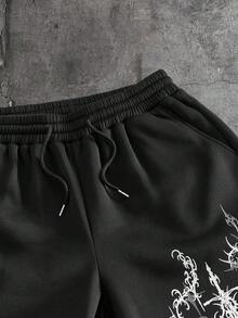 AXEPEAK 男士休闲运动字母雕塑印花抽绳腰带运动裤 - 黑色 - 查看 3