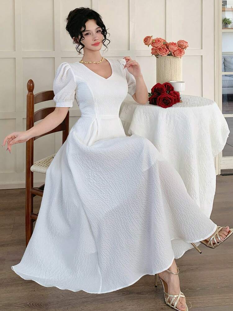 Women's Elegant Solid Color Textured Puff Sleeve Midi Dress, Summer Wedding Guest Dress Sundress