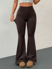 SHEIN PETITE Women's High Waist Elastic Yoga Pants, Slimming Fitness Leggings Flared Leggings Brown Pants For Women Bell Bottom Pants Pants Flare Leg Flared Brown Pants,Spring Summer Outfits Dark Brown Flared Pants Womens Flared Trousers