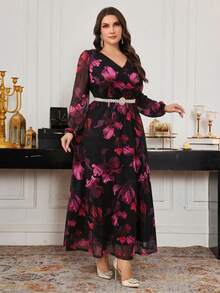 SHEIN CURVE+ Váy dạ hội dài tay cổ chữ V in hoa cỡ lớn/2026/Năm mới - Màu Đỏ Sâu - Xem 6