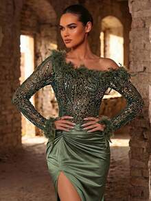 Glamrae Elegant Formal Sexy Pearl Sequin Embroidered Strapless Mermaid Dress Ruched Elastic Knit Gown Furry Twist Sleeve Wedding Prom Rehearsal Dinner Party - Army Green - View 4