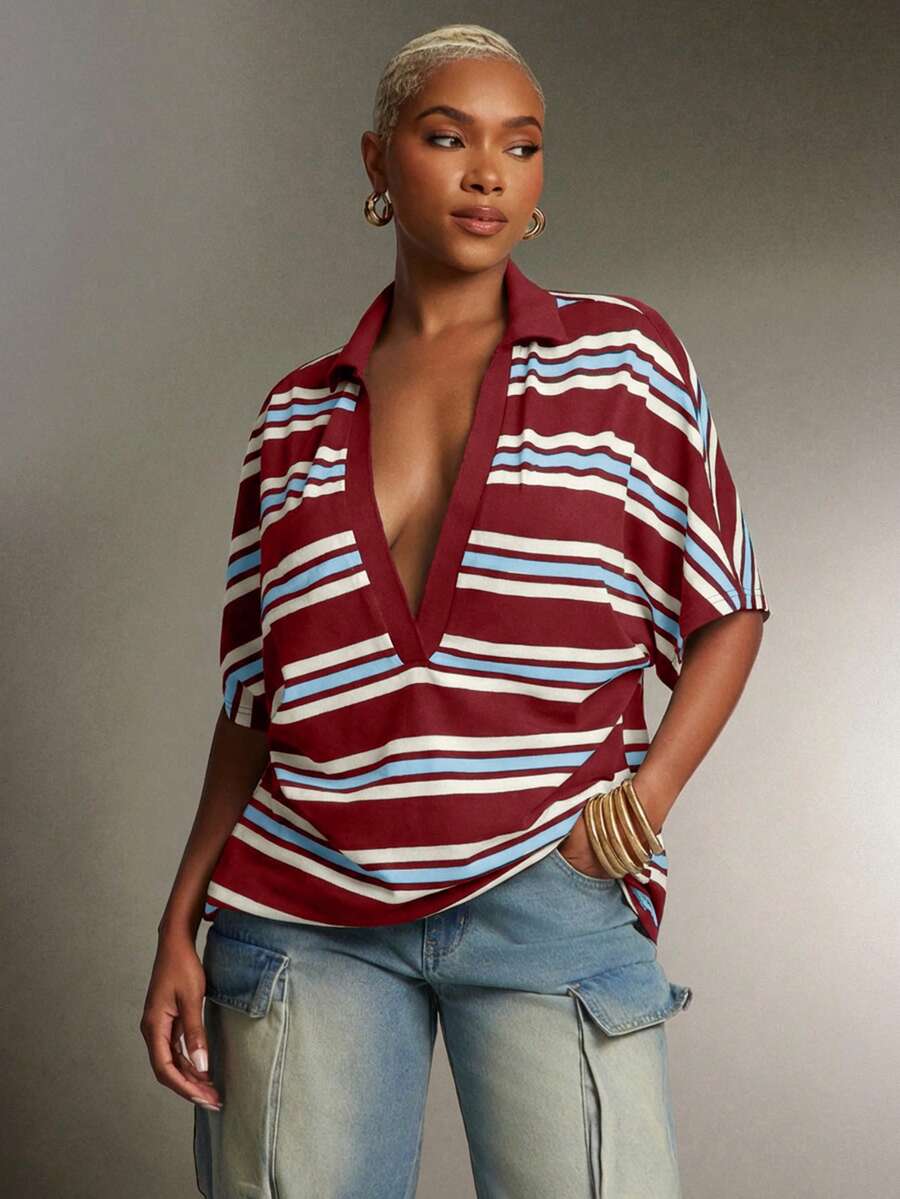 Denimoi Blusa de polo a rayas con cuello de solapa y escote pronunciado, una prenda de moda - Burdeos - Ver 1