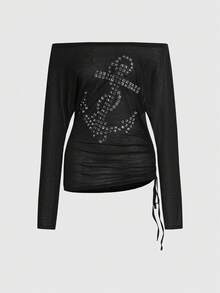 ROMWE Grunge Punk Spring/SummergraphicNavy Punk Style Anchor Rivet Off Shoulder Women's Long Sleeve Sheer Blouse - Black - View 3