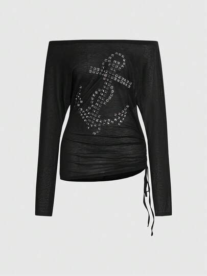 Grunge Punk Navy Punk Style Anchor Rivet Off Shoulder Women's Long Sleeve Sheer Blouse