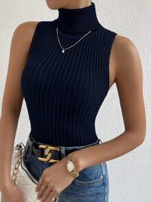 RosyDaze Atasan Rajut Elegan Tanpa Lengan Model Turtleneck Warna Polos - Royal Blue - View 3