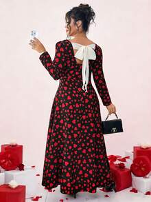 Elenzga Damen Große Größen elegantes Herz-Muster V-Ausschnitt Langarm Schleife Binden Maxikleid, geeignet für Valentinstag Date