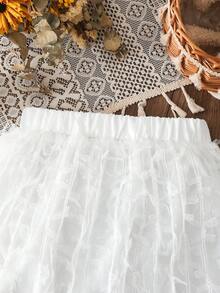 SHEIN 少女甜美优雅白色刺绣3D蝴蝶结网纱A字公主迷你裙，日常百搭，优雅可爱，甜美可人。 - 白色 - 查看 4