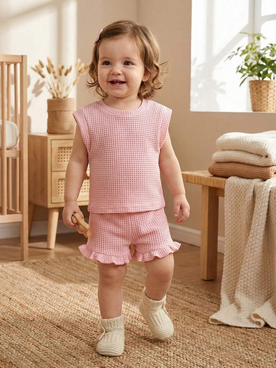 Souflis Souflis 2件套女婴幼儿0-3岁春夏休闲日常度假针织黑白条纹荷叶袖圆领T恤和短裤套装 - 粉色 - 查看 1