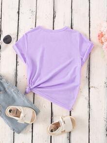 Sparklyn 春夏少女休闲时尚创意个性化清新简约格子图案T恤，饰有数字67、花卉、蝴蝶结装饰和标语印花，舒适百搭，适合春、夏、秋季穿着。这款数字T恤专为少女设计，款式休闲时尚，清新简约。 - 紫色 - 查看 2