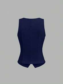 Sweetra Chaleco sin mangas de unicolor con cuello en V y botones metálicos - Azul Marino - Ver 2