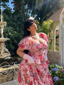 Lyrianda Abito lungo elegante e vintage con spalle scoperte e maniche a palloncino, taglie comode - Rosa - Visualizzare 6