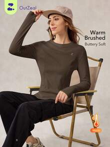 OutZeal 女士保暖内衬柔软圆领侧袋长袖棕色户外T恤，秋冬季日常休闲款
