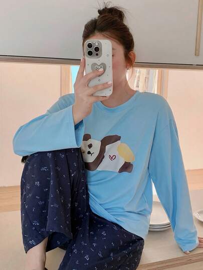 Dazy Plus Plus Size Women Cute Casual Blue Bear Print Loose Top & Floral Straight Leg Pajama Pants Set