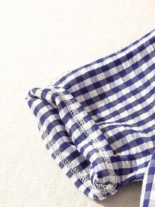 Franclia 女士休闲度假优雅格纹梭织海军蓝方格短袖衬衫，腰部系带纽扣前襟设计，适合户外野餐、欧洲夏季穿着。 - 藏蓝色 - 查看 4