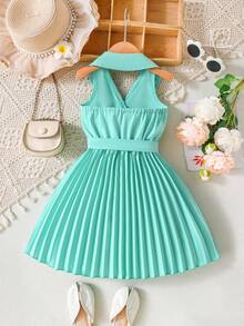 Elladie kids 女童褶皱领系带中长连衣裙，优雅高贵的假日连衣裙 - 薄荷綠 - 查看 2