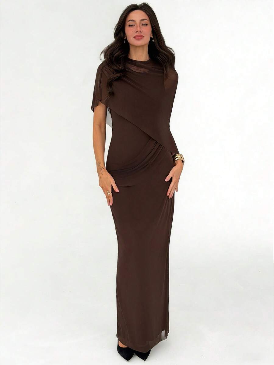 Aloruh Brown Minimalist Ruched Decor Long Tight Mesh Dress For Women, Autumn/Winter