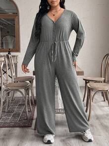 Elenzga 大码新款针织休闲V领长袖连体裤，适合秋、冬、春季穿着