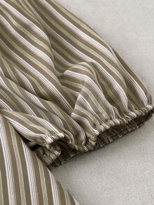 Linhara 大码女式条纹方领蝴蝶结双层下摆短袖上衣和阔腿裤两件套，休闲通勤复古时尚春夏/春秋夏季 - 彩色 - 查看 4