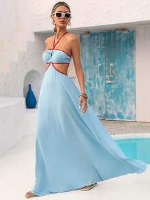 Vivid Eden Robe de vacances décontractée à col ras-du-cou, dos nu et coupe évasée, avec imprimé - Bleu azur - Voir 4