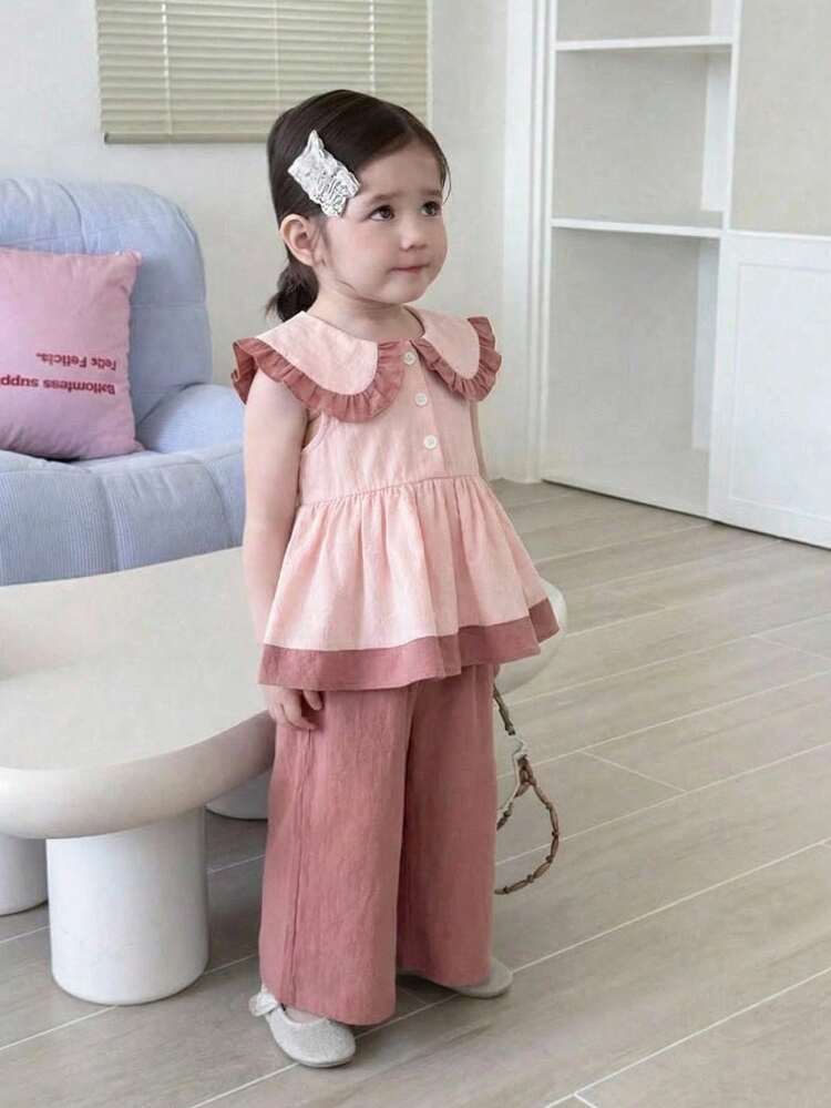 SHEIN 2pcs/Set Baby Girl 0-3 Years Old Casual Daily Washed Cotton Oversized Collar Sleeveless Shirt Top And Wide Leg Pants Set 2pcs Set Baby Girls Two Pieces Set Baby Girl Casual Pant Sets Baby Girl Clothes Summer Sets - Pink - View 2