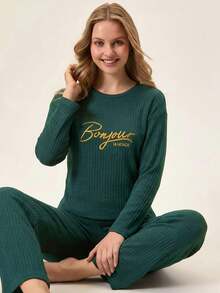 Loomlin Women's Letter Printed Long Sleeve Homewear Set - Black - View 5