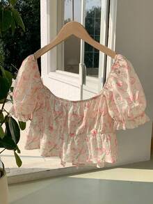 Comfortcana Tricou de vară pentru femei, cu mânecă scurtă, cu imprimeu floral și cravată în față, casual, țesut, pentru femei - Multicolor - Vizualizare 2