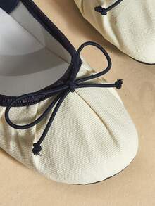 Mnmlis Navy Blue Lace-Up Canvas Mary Jane Shoes, Bow Tie Design, Fresh French Girl Retro Mary Jane Canvas Shoes, Suitable For Commuting And Dating With A Light Sweet Vibe - Beige - View 4