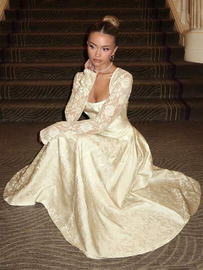 Glamine Charm Women's Elegant Apricot Midi Dress Queen Anne Neck Extra Long Lace Sleeves Flared Hem Floral Pattern Formal Woven Fabric Elegant Lace Patchwork 3D Embossed Floral Square Neck Long Sleeve A-Line Dress, White Reception Dress, White Lace Dress, Rehearsal Dinner Dress Champagne Evening Gown Gold Wedding Dress Gold Evening Gown Long Sleeve Gown Gowns Glamorous Dress