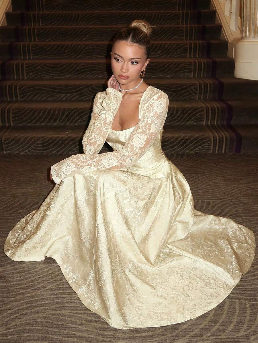 Glamine Charm 优雅蕾丝拼接3D立体压花方领长袖A字连衣裙，白色宴会礼服，白色蕾丝连衣裙，彩排晚宴礼服 - 杏色 - 查看 1