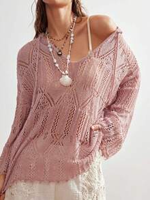 Bohemela Boho Spring/Summer , Vintage Women's Solid Color Hot Pink Minimalist Hollow Long Sleeve Hooded Sweater, Everyday Wear, Valentines For Women, Western Country Style Concert Party, Suitable For Beach Vacation & Daily Wear & Back To School & Going Outs & Party, Christmas , 2000s , Summer Holidays - Dusty Pink - View 6