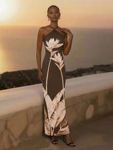 CAJUNI 女士印花露背度假连衣裙 - 棕色 - 查看 3