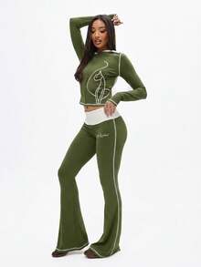 BABYPHAT CONTRAST DETAIL FLARE LEGGINGS FOLDOVER DETAIL - Khaki - View 1